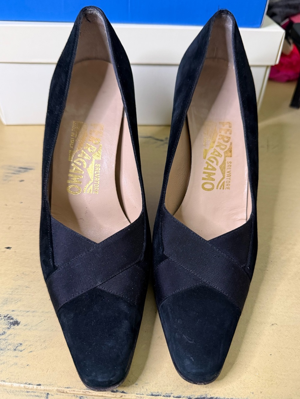 Salvatore Ferragamo Black Suede Pointed Toe Pumps